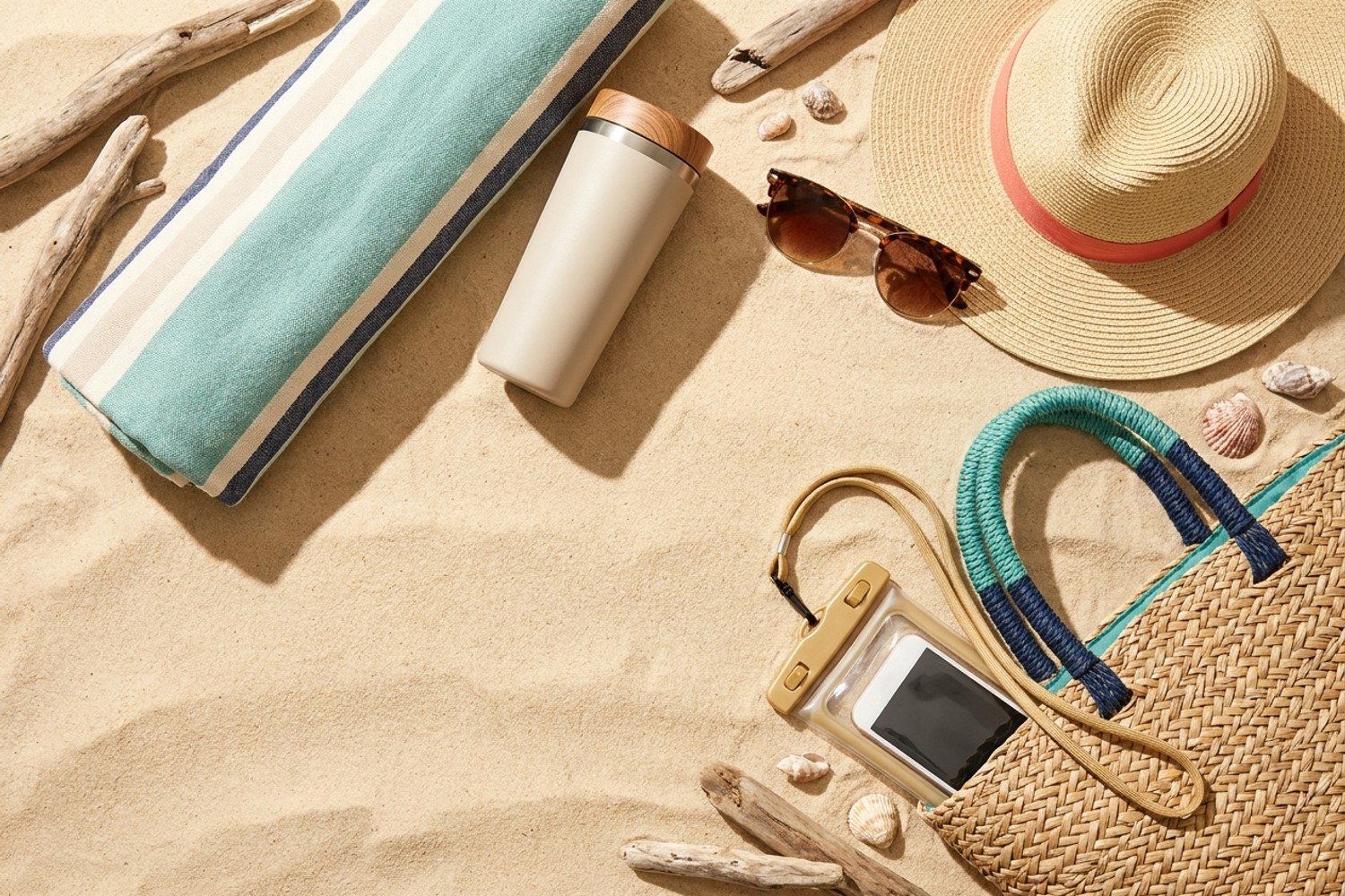 A flat-lay of coastal beach goods