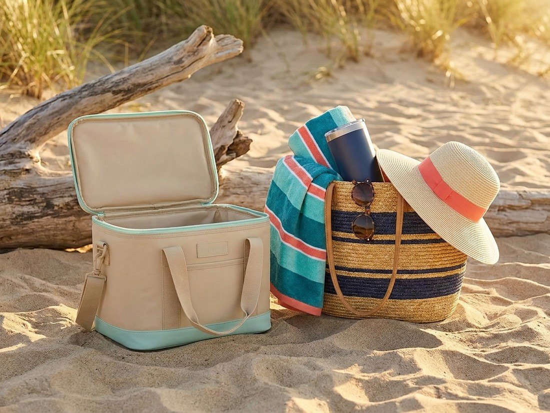 A packed cooler and beach tote